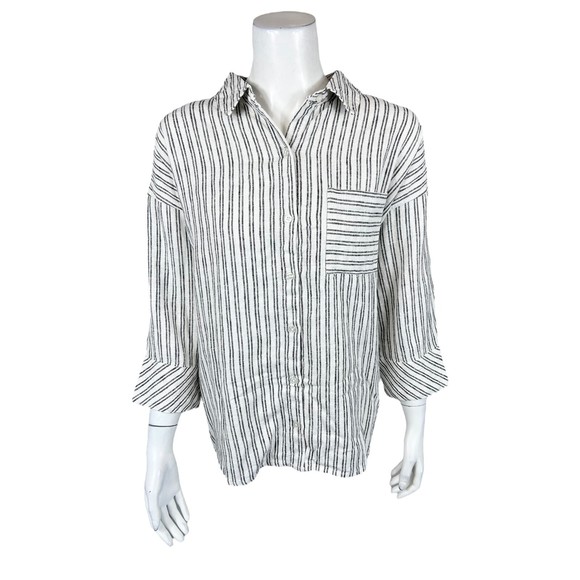 J Jason Wu Women's Linen Button Front Striped Shirt Black Medium Size - Picture 1 of 2